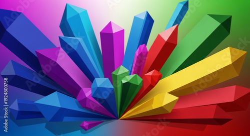 Vibrant crystal formation explodes in rainbow colors against gradient background