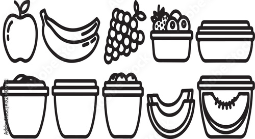 Assorted fruits and containers displayed in a simple black and white illustration Vector
