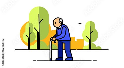 Elderly man walking with cane in park during daytime from side view