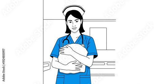 Nurse holding a baby in a clinical environment from a straightforward view
