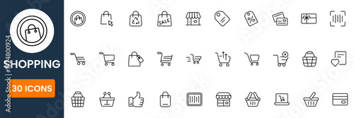 Flat shopping icon collection with online store, payment methods and retail sale symbols clean vector design set