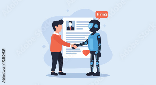 Man and robot shaking hands over a resume in an office environment