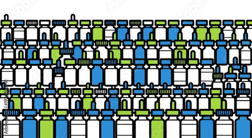 Multiple medicine bottles arranged in rows on a shelf viewed from the front