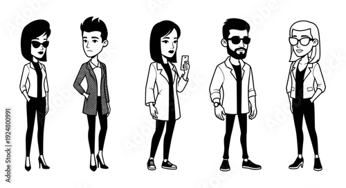 Diverse group of young adults standing together in a minimalist black and white illustration.