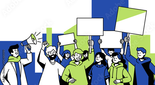 Diverse group of people protesting with signs and megaphone in the street