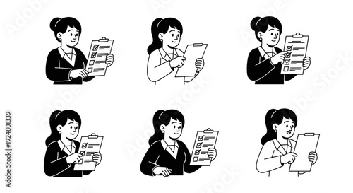 Businesswoman holding clipboard with checklist and pen.