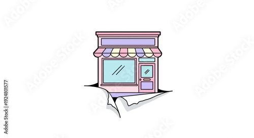 Illustration of a shopfront with awning emerging from an open book