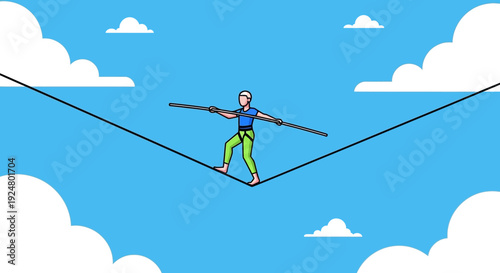 Man Balancing on Tightrope between Clouds with Balancing Pole in a Serene Sky Scene Illustration