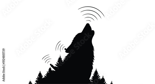 Silhouette of a wolf howling at the moon with sound waves emanating from its head and chest, set against a backdrop of pine trees.
