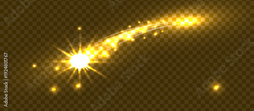 Golden shooting star light effect vector with glowing sparkle trail luminous curved streak isolated transparent background magical glitter design