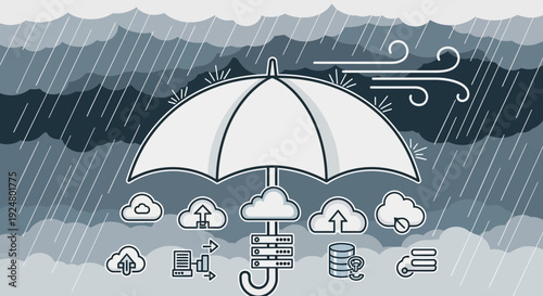 Weather Forecast Icons Under Umbrella Illustrating Stormy Conditions and Rainy Weather