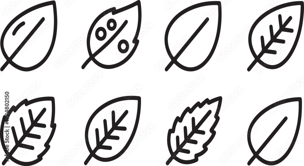 Fototapeta premium Eight different types of leaves drawn in a simple black and white line art style Vector
