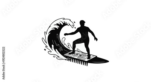 Silhouette of a surfer riding a wave on a surfboard shaped like a computer circuit board.