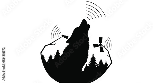 Silhouette of a wolf howling at the moon, surrounded by a forest and emitting radio waves.