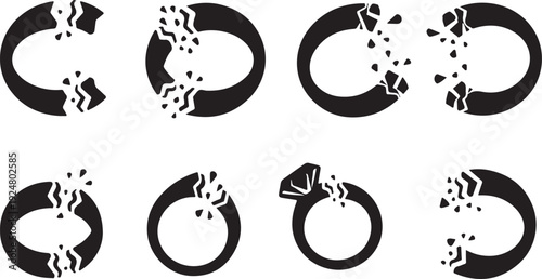 Black and white broken circle icons with smoke effects