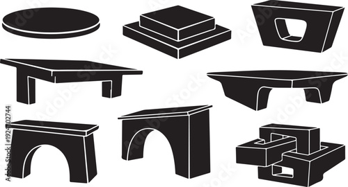 Various black and white architectural shapes and structures illustration