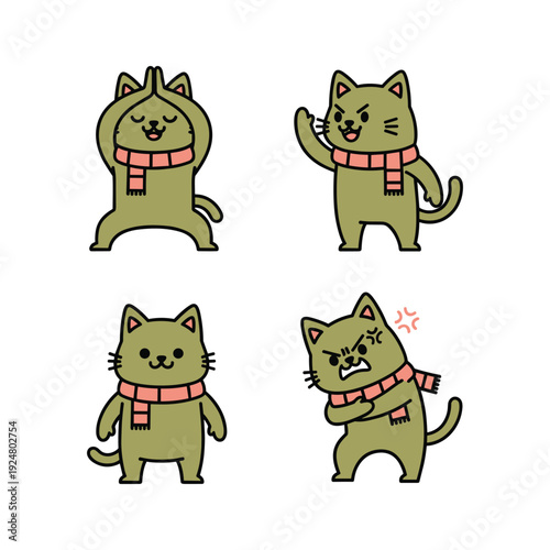 Cartoon cat with scarf showing different emotions on white background