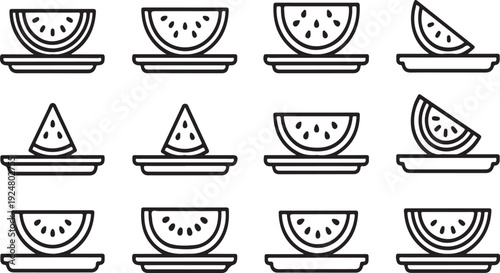 A variety of watermelon slices and pieces arranged in a grid pattern. Vector