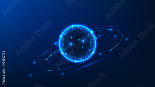 Quantum technology concept featuring sphere surrounded by dynamic energy rings, representing high-speed computation, advanced quantum processing, futuristic computing systems, generation innovation.