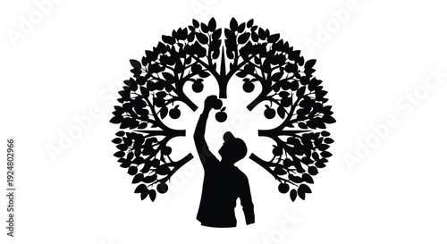 Silhouette of a person reaching up to pick fruit from a stylized tree, symbolizing growth and harvest.