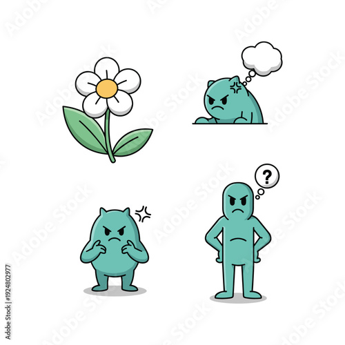 Cartoon characters expressing confusion and frustration with a flower