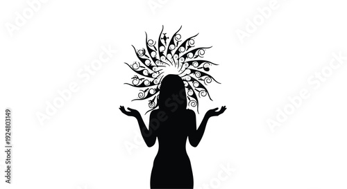 Silhouette of a woman with a radiant, eye-filled crown, arms outstretched in a gesture of empowerment.
