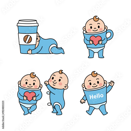 Cute cartoon babies in blue onesies with hearts and coffee cup on white background