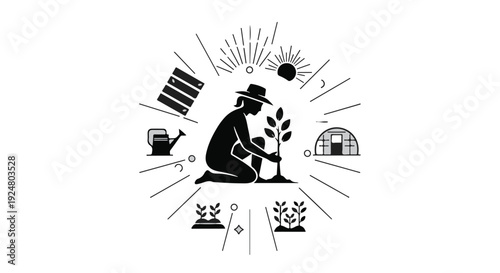 Gardener plants a young sapling, surrounded by symbols of growth and nature