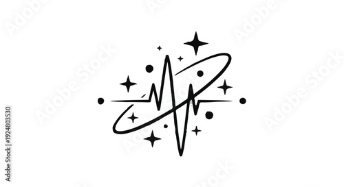 Abstract heartbeat line with stars and orbiting circle, symbolizing life and energy.
