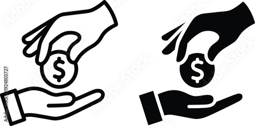 Minimalist hands exchanging dollar coin icon money transfer payment transaction vector illustration