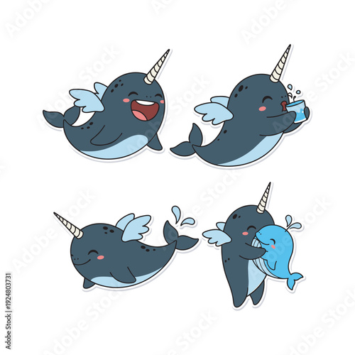 Cute cartoon narwhals showing emotions and having fun in a white background