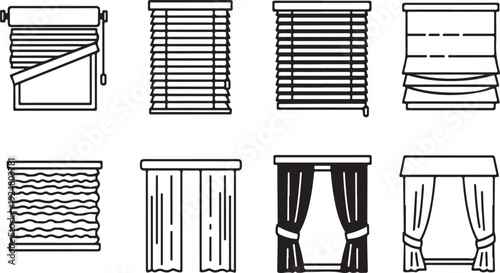 A variety of window coverings including blinds, shades, and curtains Vector