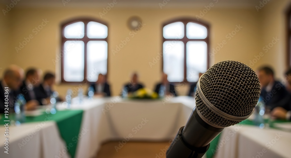 Fototapeta premium Close up of microphone in conference room with blurred attendees