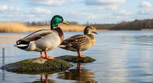 Mallard ducks standing on a rock in the water.