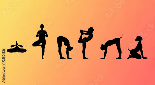 Yoga poses sequence in silhouette on gradient background