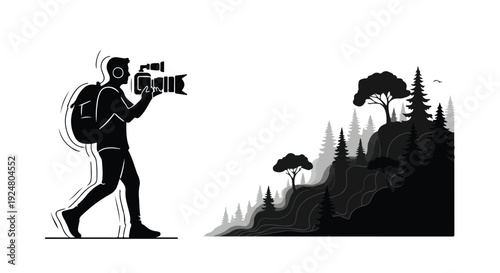 Adventurous photographer captures stunning mountain landscape with professional camera.