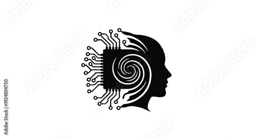 Artificial intelligence concept of a human head silhouette with a swirling digital brain and circuit board
