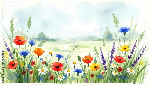 Watercolor Wildflower Meadow Border with Poppies and Daisies