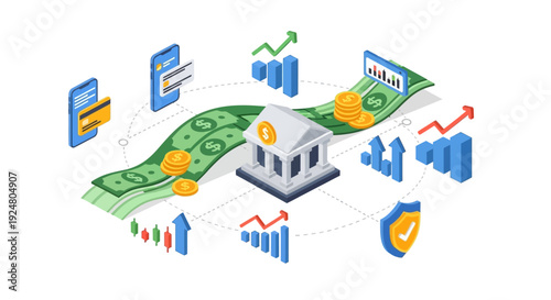 Isometric illustration depicting digital banking finance and investment growth