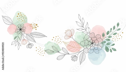 Minimal Line Art Floral Composition with Pastel Watercolor Shapes