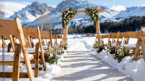 Beautiful winter wedding ceremony in snowy mountains with rustic wooden chairs and floral decorations at a scenic outdoor venue