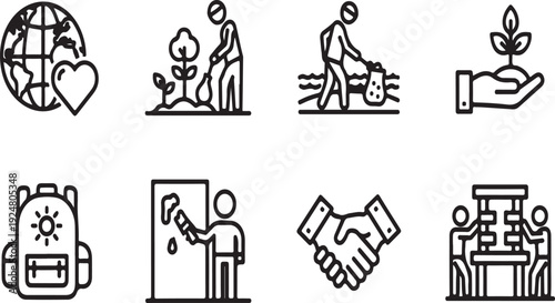 Icons representing various aspects of community service and volunteer work. Vector