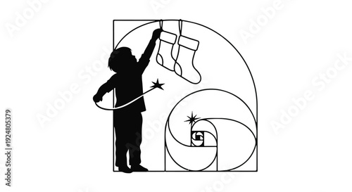 Child's silhouette reaching for Christmas stockings within a golden ratio spiral
