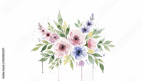 Soft Watercolor Floral Bouquet with Pink and Blue Blossoms
