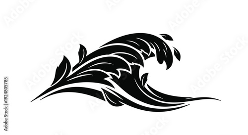 Elegant black ornamental wave design with organic leaf accents