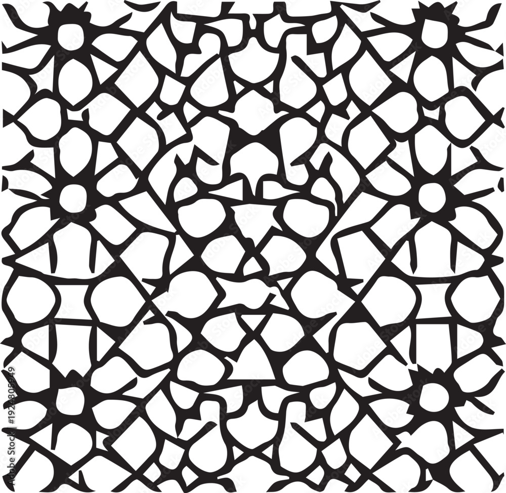 Fototapeta premium A symmetrical black and white geometric pattern repeats star shaped motifs and small diamond elements in a dense arrangement.