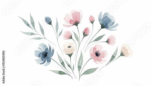 Delicate Watercolor Wildflowers Bouquet in Soft Pastel Tones