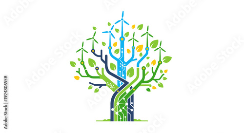 A colorful tree composed of wind turbines and green leaves