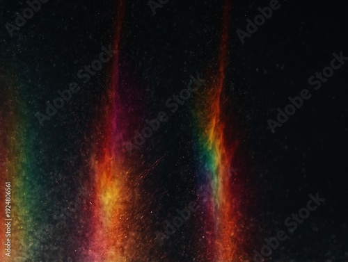 Retro VHS style light leak overlay with heavy grain noise, floating dust, and warm flare streaks against black backdrop