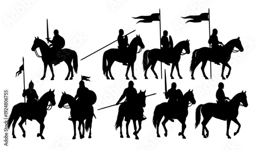 Medieval Warriors on Horseback Silhouette Vector Set with Swords and Spears Isolated on White